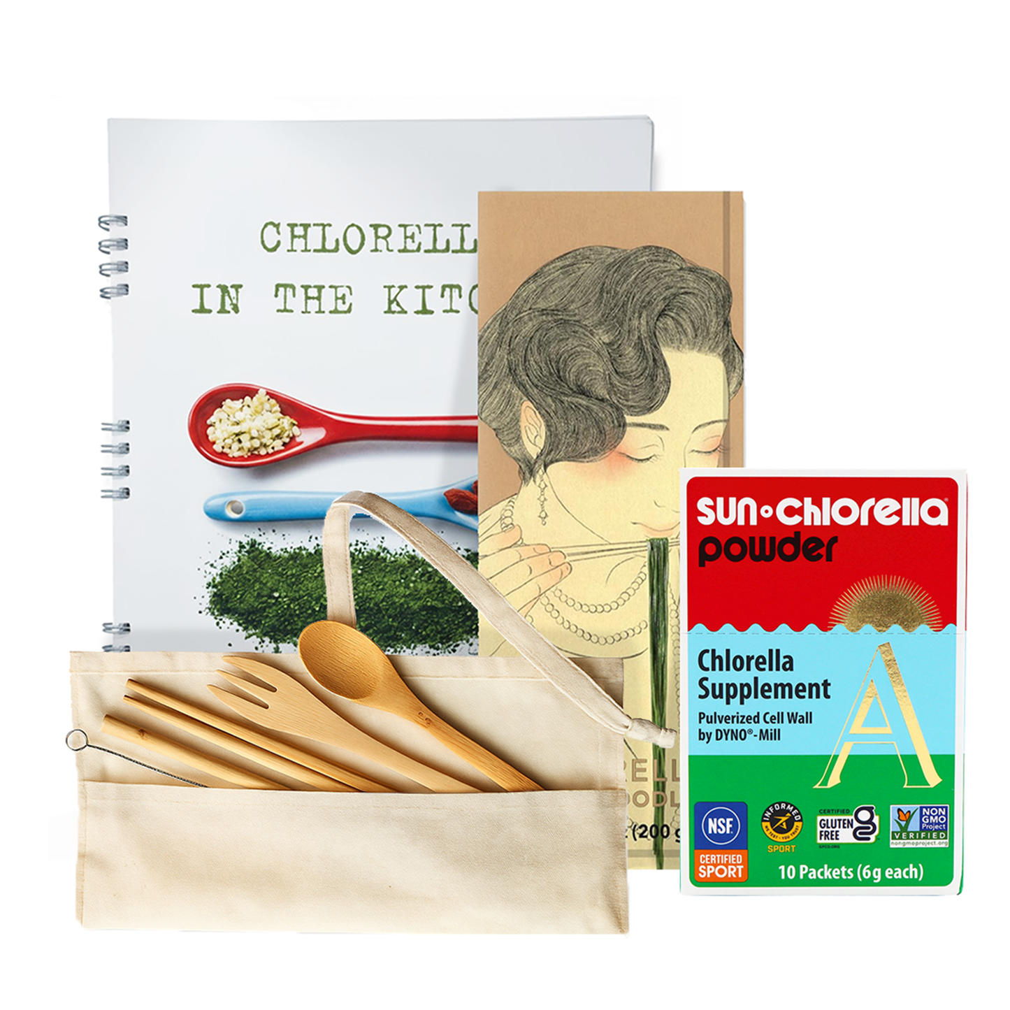 Chef's bundle includes a Chlorella In the Kitchen book, wooden utensils, a chlorella supplement package, and a box of udon noodles.