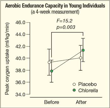 Graph that shows the endurance capacity in young individuals while taking chlorella vs placebo