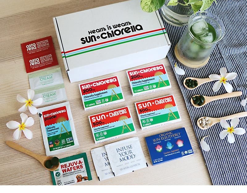 $9.99 Variety Trial Box includes: 2 - Sun Chlorella 200mg Tablet Single Packets (15 tablets/ea.), 2 - Sun Chlorella 500mg Tablet Single Packets (6 tablets/ea.), 1 - Organic Sun Eleuthero Single Packet (12 tablets/ea.), 1 - Rejuv-A-Wafers (2 wafers/ea.), 2 - Infuse Your Mood Tea Bags, 2 - Sun Chlorella Skin Cream Single Packets (1g/ea.), and 2 - Astarella Skin Cream Single Packets (1g/ea.) $9.99 Variety Trial Box includes: 2 - Sun Chlorella 200mg Tablet Single Packets (15 tablets/ea.), 2 - Sun Chlorella 500mg Tablet Single Packets (6 tablets/ea.), 1 - Organic Sun Eleuthero Single Packet (12 tablets/ea.), 1 - Rejuv-A-Wafers (2 wafers/ea.), 2 - Infuse Your Mood Tea Bags, 2 - Sun Chlorella Skin Cream Single Packets (1g/ea.), and 2 - Astarella Skin Cream Single Packets (1g/ea.)