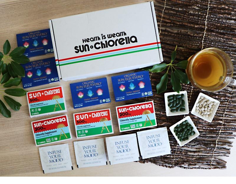 $9.99 Energy Trial Box includes: 2 - Sun Chlorella 200mg Tablet Single Packets (15 tablets/ea.), 2 - Sun Chlorella 500mg Tablet Single Packets (6 tablets/ea.), 4 - Organic Sun Eleuthero Single Packets (12 tablets/ea.), and 4 - Infuse Your Mood Tea Bags $9.99 Energy Trial Box includes: 2 - Sun Chlorella 200mg Tablet Single Packets (15 tablets/ea.), 2 - Sun Chlorella 500mg Tablet Single Packets (6 tablets/ea.), 4 - Organic Sun Eleuthero Single Packets (12 tablets/ea.), and 4 - Infuse Your Mood Tea Bags