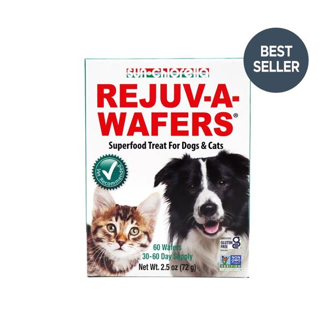 Rejuv-A-Wafers Chlorella Superfood Treat for Pets Non-GMO, Gluten-free, plant base chlorella supplement for pets. Support regular cycle, fuller fur, and fresher breath