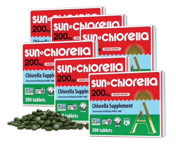 An image of 6 boxes of Sun Chlorella 200mg Tablets 300 tablets each