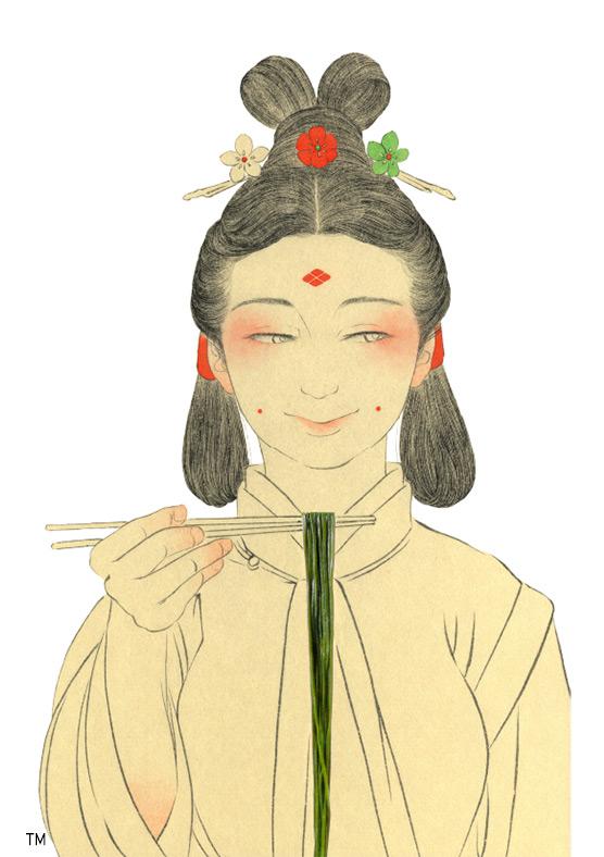 An illustration of a person who dressed up in Nara Era clothing about to eat Chlorella Udon Noodle