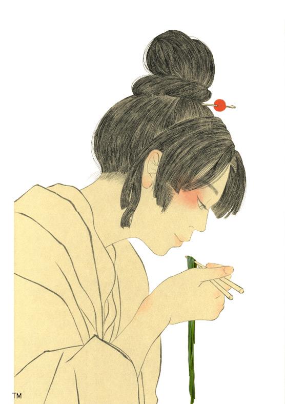An illustration of a person who dressed up in Momoyama Era kimono about to eat Chlorella Udon Noodle