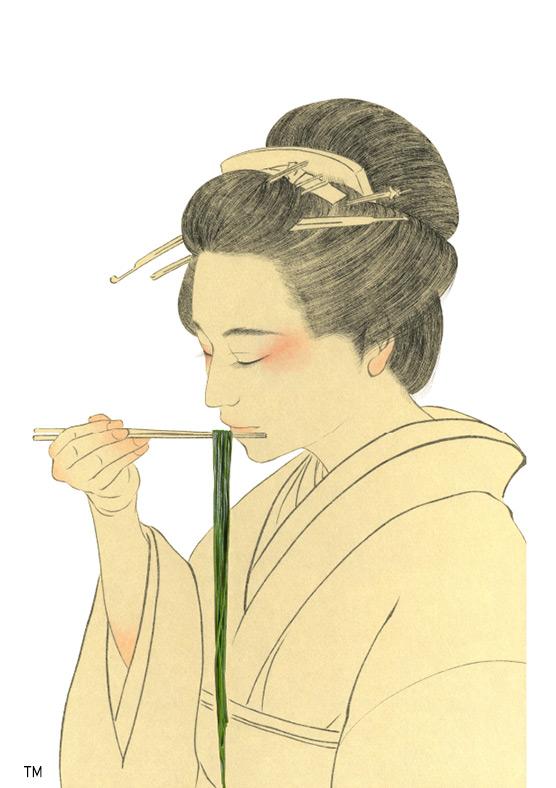 An illustration of a person who dressed up in Edo Era kimono about to eat Chlorella Udon Noodle