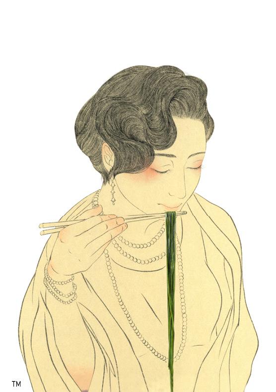 An illustration of a person who dressed up in Taisho Era clothing about to eat Chlorella Udon Noodle