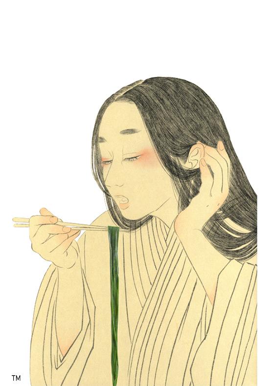 An illustration of a person who dressed up in Heian Era kimono about to eat Chlorella Udon Noodle