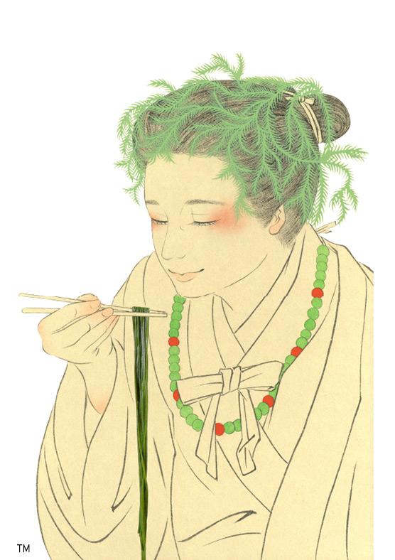 An illustration of a person who dressed up in Kofun Era clothing about to eat Chlorella Udon Noodle