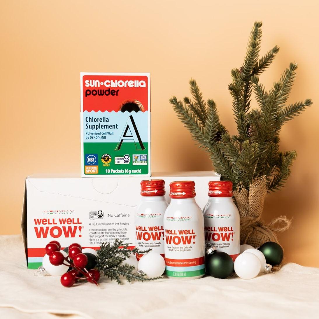 Fuel & Recover Holiday Deals: Sun Chlorella Powder 10 packets box 6 grams per packet and Well Well Wow! Drink 10 bottle box bundle