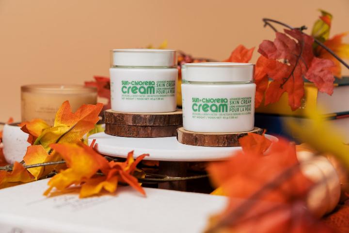 Two containers of Sun Chlorella Cream displayed in a Fall theme