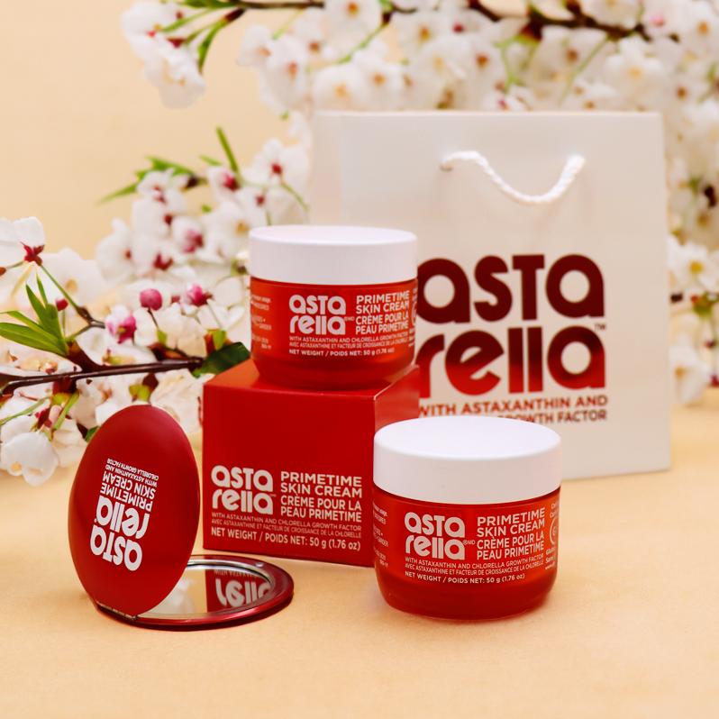 timeless Glow Bundle includes 2 jars of Astarella Primetime Skin Cream, a compact mirror, and a mini gift bag