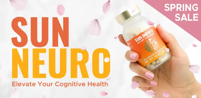A hand holding a bottle of Sun Neuro 1000mcg Plasmalogen Brain Health Supplement in the Spring backround