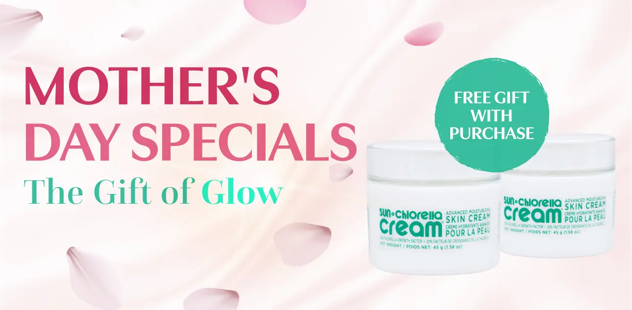 Two jars of 45g Sun Chlorella Cream in the Mother's Day Specials background.
